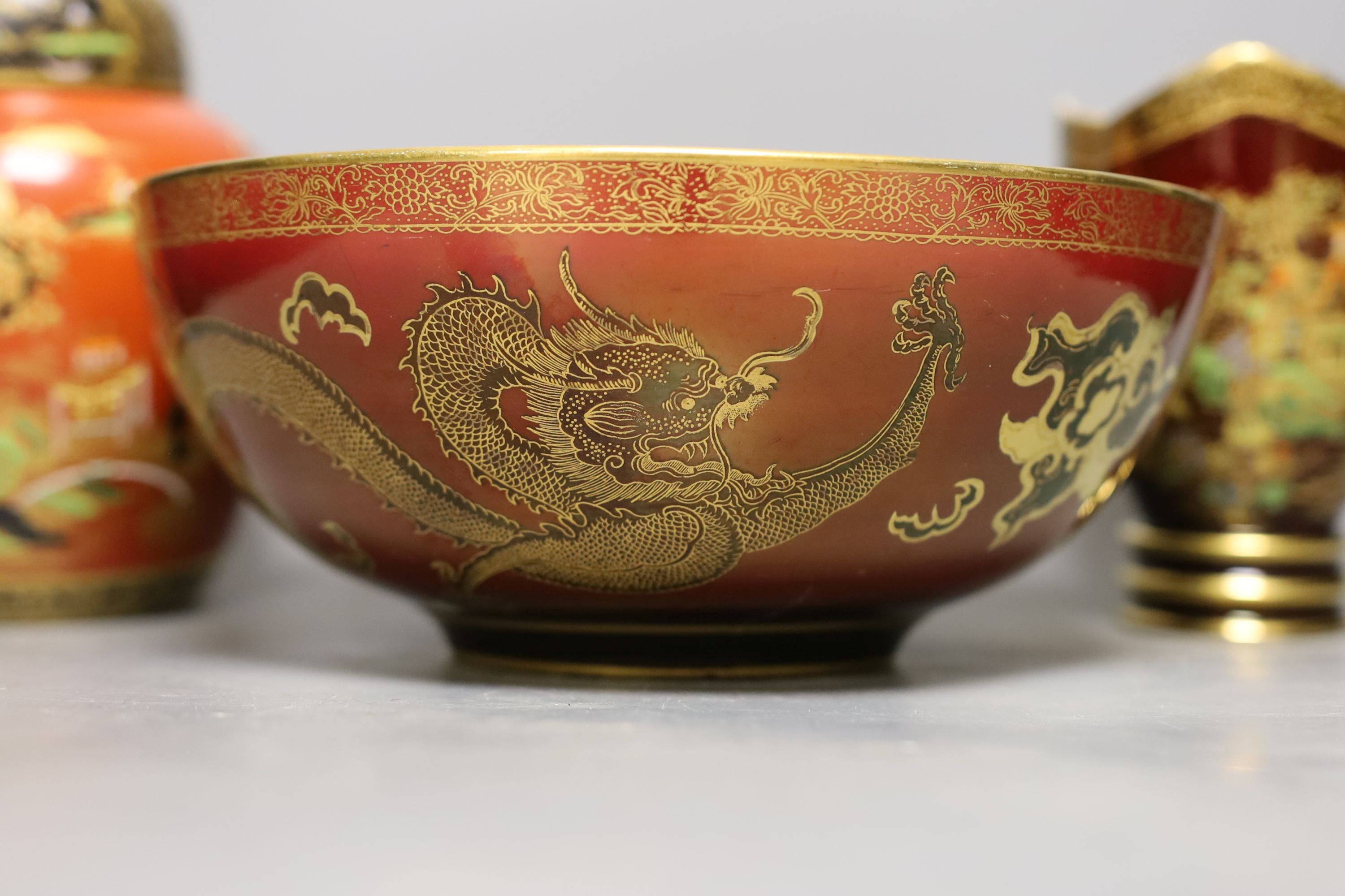 Carlton ware chinoiserie lustre red ground dragon bowl, Rouge Royale vase and similar jar and cover (3) bowl diameter 23.5cm